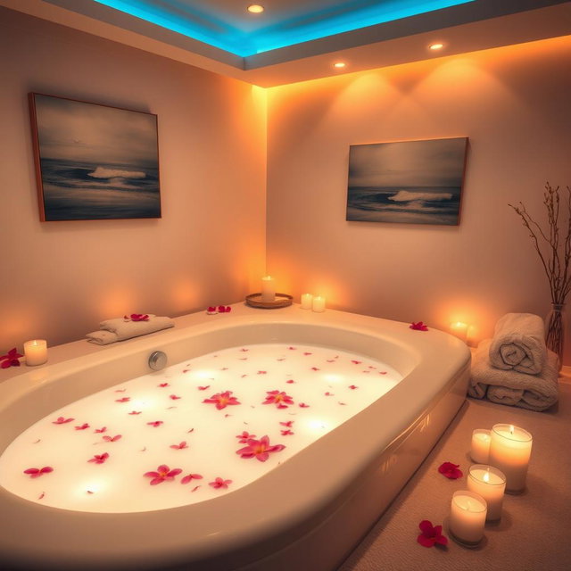 A dreamy massage room featuring a luxurious jacuzzi filled with milk, surrounded by beautiful flowers