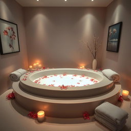 A dreamy massage room featuring a luxurious jacuzzi filled with milk, surrounded by beautiful flowers