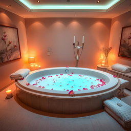 A dreamy massage room featuring a luxurious jacuzzi filled with milk, surrounded by beautiful flowers