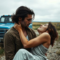 A dramatic scene featuring a couple expressing a mix of sadness and pleasure, set in an intimate and emotional atmosphere