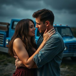 A dramatic scene featuring a couple expressing a mix of sadness and pleasure, set in an intimate and emotional atmosphere