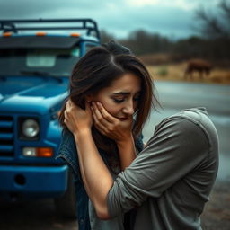 A dramatic scene featuring a couple expressing a mix of sadness and pleasure, set in an intimate and emotional atmosphere