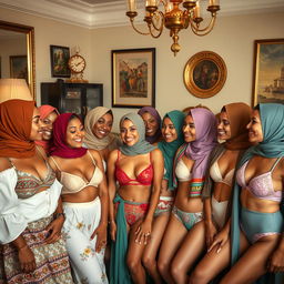 A diverse group of women from around the world, all wearing colorful headscarves and stylish lingerie, gathered together in a cozy and elegant room