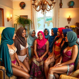 A diverse group of women from around the world, all wearing colorful headscarves and stylish lingerie, gathered together in a cozy and elegant room
