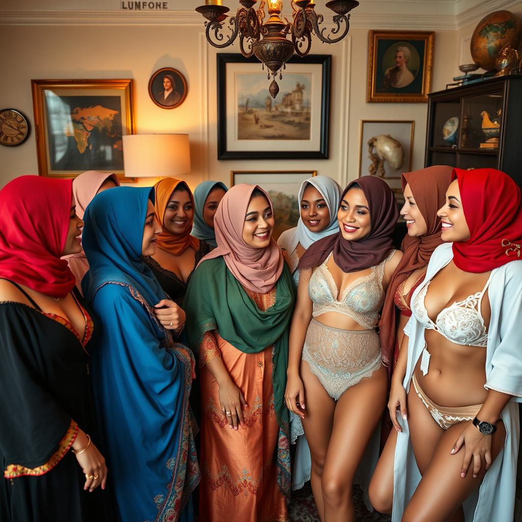 A diverse group of women from around the world, all wearing colorful headscarves and stylish lingerie, gathered together in a cozy and elegant room