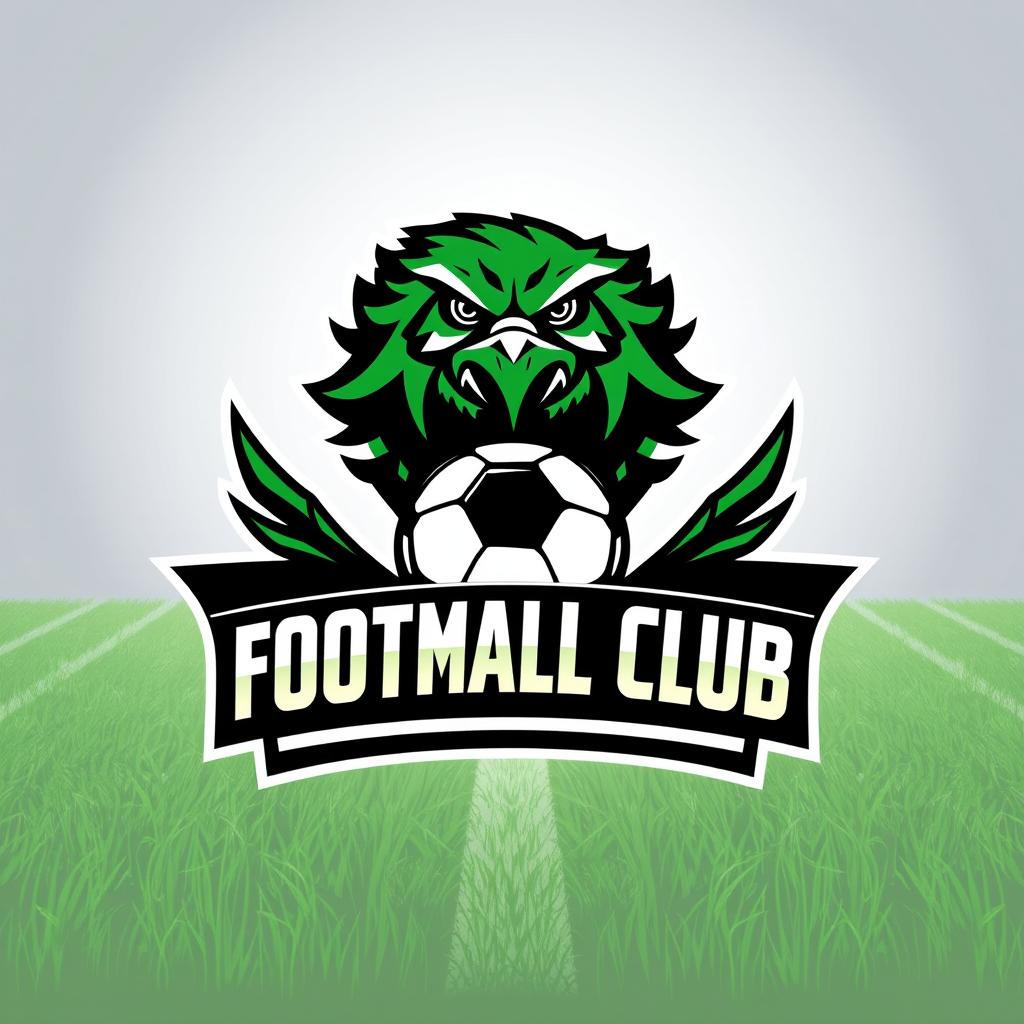 A dynamic and modern logo design for a football club, featuring a stylized football at the center, with sharp lines and bold colors like green and black