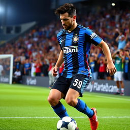 A soccer player in an action pose, wearing an Inter Miami jersey featuring Messi's name and number