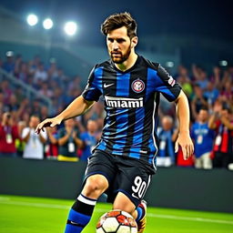 A soccer player in an action pose, wearing an Inter Miami jersey featuring Messi's name and number