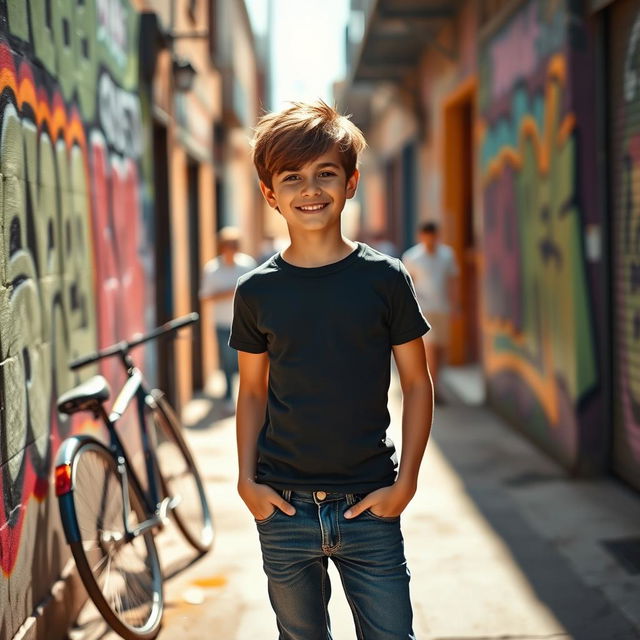 A slim boy standing confidently with a bright smile, dressed in a stylish, casual outfit consisting of a fitted t-shirt and slim-fit jeans