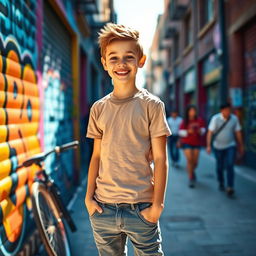A slim boy standing confidently with a bright smile, dressed in a stylish, casual outfit consisting of a fitted t-shirt and slim-fit jeans