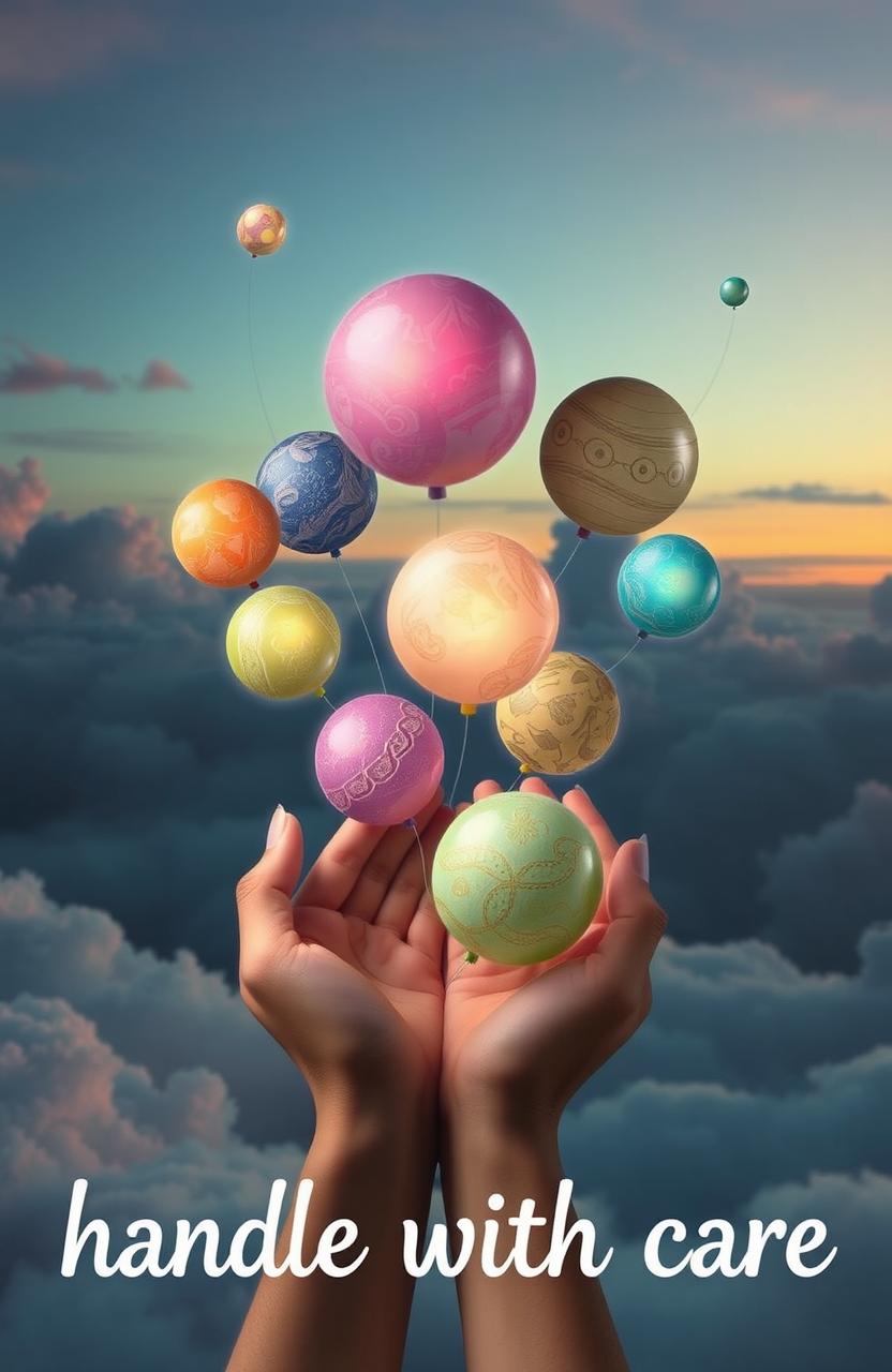 A surrealistic artwork depicting a collection of whimsical, colorful thoughts represented as floating orbs, each uniquely designed with intricate patterns and textures