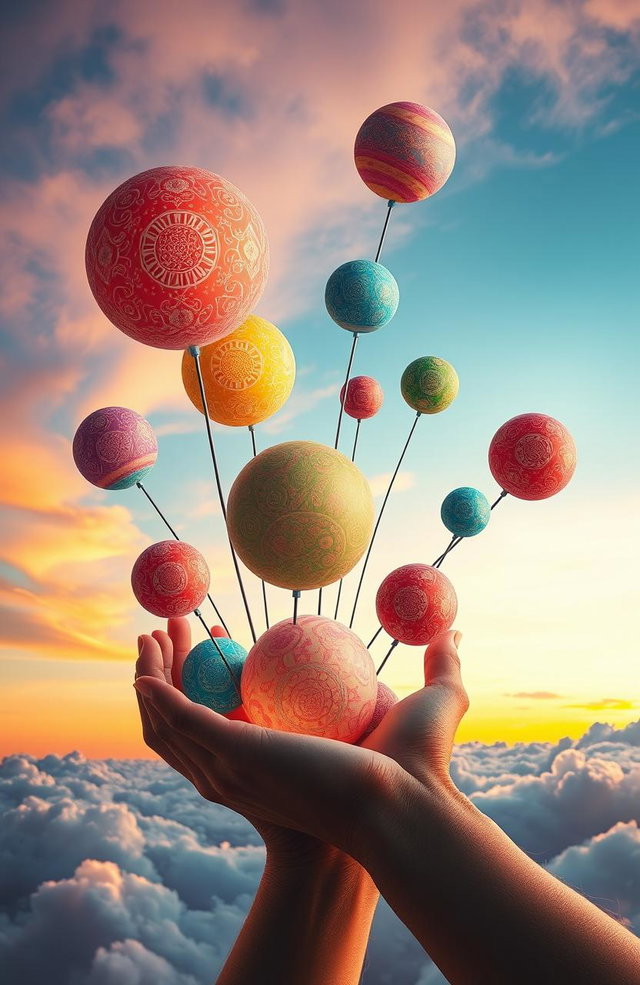 A surrealistic artwork depicting a collection of whimsical, colorful thoughts represented as floating orbs, each uniquely designed with intricate patterns and textures