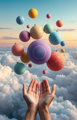 A surrealistic artwork depicting a collection of whimsical, colorful thoughts represented as floating orbs, each uniquely designed with intricate patterns and textures