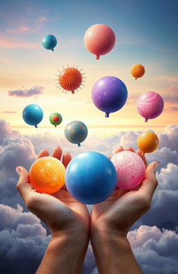 A surrealistic artwork depicting a collection of whimsical, colorful thoughts represented as floating orbs, each uniquely designed with intricate patterns and textures