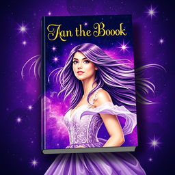 A captivating fantasy book cover featuring a young woman, prominently displayed amidst a vibrant purple background filled with twinkling stars