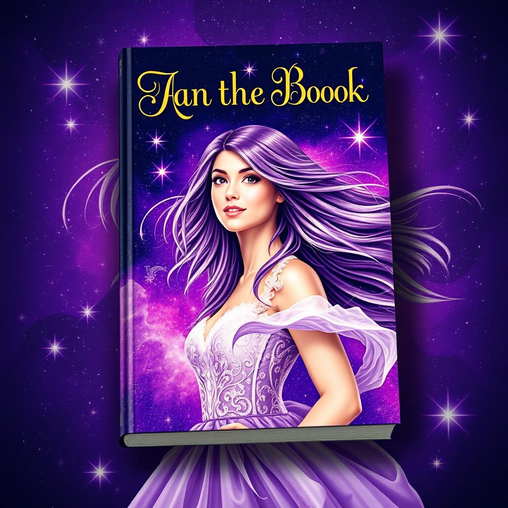 A captivating fantasy book cover featuring a young woman, prominently displayed amidst a vibrant purple background filled with twinkling stars
