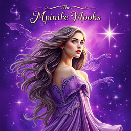 A captivating fantasy book cover featuring a young woman, prominently displayed amidst a vibrant purple background filled with twinkling stars