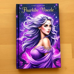 A captivating fantasy book cover featuring a young woman, prominently displayed amidst a vibrant purple background filled with twinkling stars