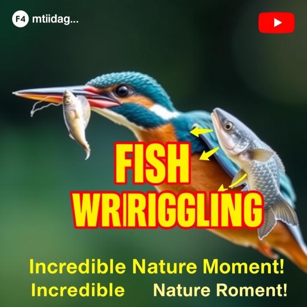 A vibrant YouTube Shorts thumbnail featuring a close-up of a kingfisher with a wriggling fish
