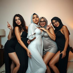 A sensual scene featuring four young women posing suggestively