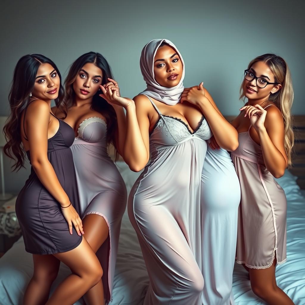 A sensual scene featuring four young women posing suggestively