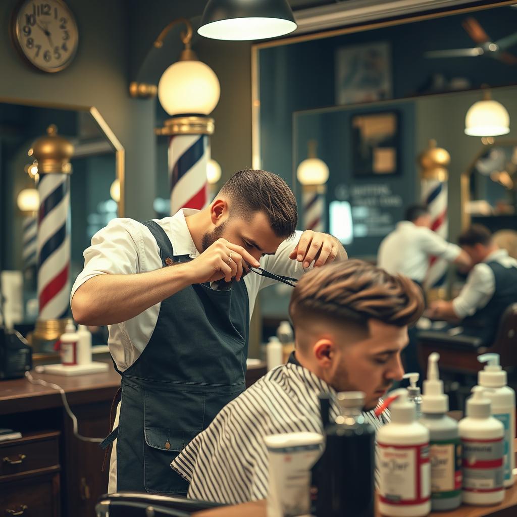 A skilled barber meticulously cutting hair, focused and precise, in a classic barbershop setting