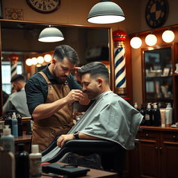 A skilled barber meticulously cutting hair, focused and precise, in a classic barbershop setting