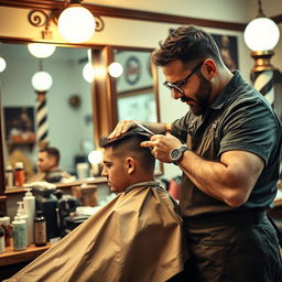 A skilled barber meticulously cutting hair, focused and precise, in a classic barbershop setting