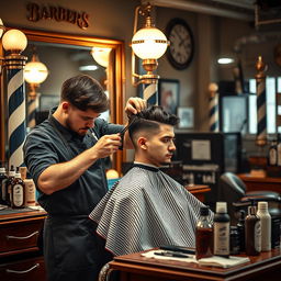 A skilled barber meticulously cutting hair, focused and precise, in a classic barbershop setting