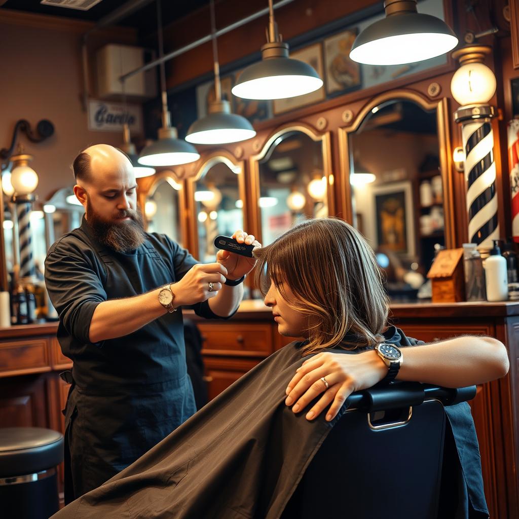 A barbershop scene featuring a professional barber expertly cutting hair