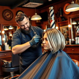 A barbershop scene featuring a professional barber expertly cutting hair