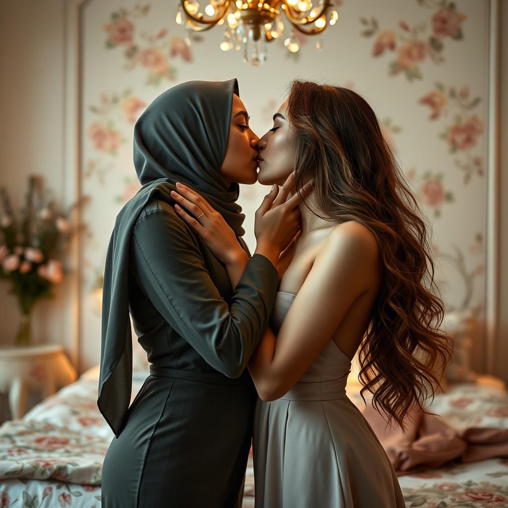 A sensual and intimate scene featuring two women sharing a passionate kiss, one wearing a stylish hijab and the other with flowing, long hair