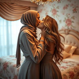 A sensual and intimate scene featuring two women sharing a passionate kiss, one wearing a stylish hijab and the other with flowing, long hair