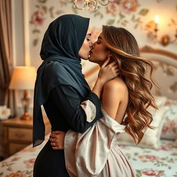 A sensual and intimate scene featuring two women sharing a passionate kiss, one wearing a stylish hijab and the other with flowing, long hair