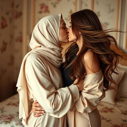 A sensual and intimate scene featuring two women sharing a passionate kiss, one wearing a stylish hijab and the other with flowing, long hair