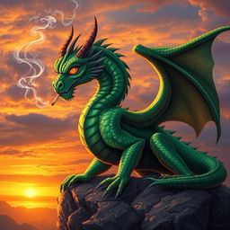 A fierce, majestic dragon with shimmering emerald scales, sitting atop a rocky ledge, smoking a cigarette
