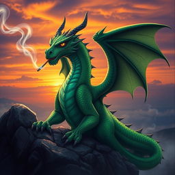 A fierce, majestic dragon with shimmering emerald scales, sitting atop a rocky ledge, smoking a cigarette