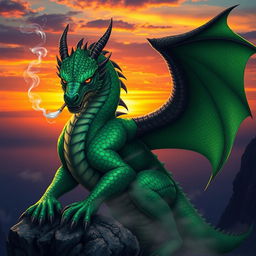 A fierce, majestic dragon with shimmering emerald scales, sitting atop a rocky ledge, smoking a cigarette