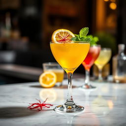 A beautifully styled cocktail featuring saffron as a prominent ingredient