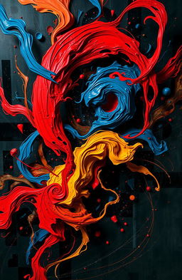 An abstract representation of chaos, featuring swirling colors, dynamic shapes, and contrasting elements that evoke a sense of tumult