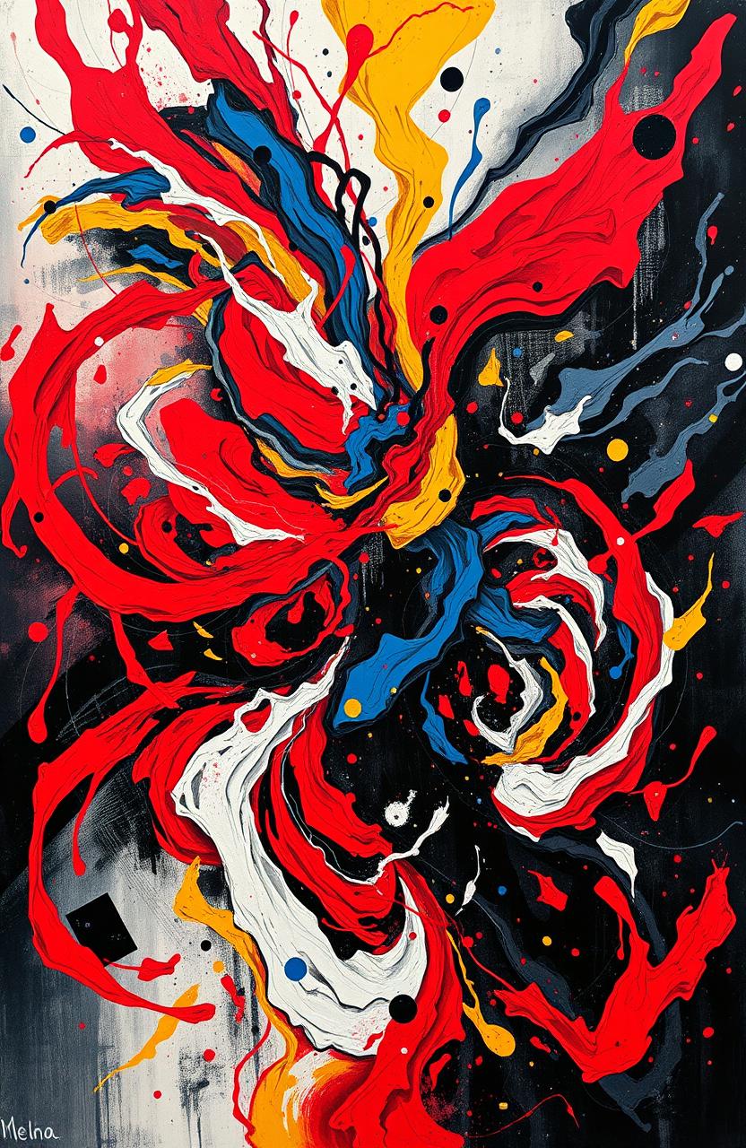 An abstract representation of chaos, featuring swirling colors, dynamic shapes, and contrasting elements that evoke a sense of tumult