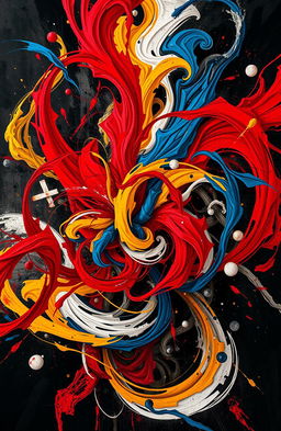 An abstract representation of chaos, featuring swirling colors, dynamic shapes, and contrasting elements that evoke a sense of tumult