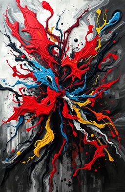 An abstract representation of chaos, featuring swirling colors, dynamic shapes, and contrasting elements that evoke a sense of tumult