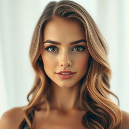 A beautiful woman with mesmerizing hazel brown eyes, a small elegant nose, and full luscious lips