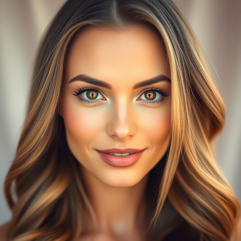 A beautiful woman with mesmerizing hazel brown eyes, a small elegant nose, and full luscious lips