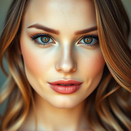 A beautiful woman with mesmerizing hazel brown eyes, a small elegant nose, and full luscious lips