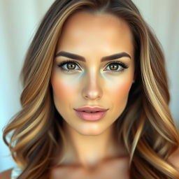 A beautiful woman with mesmerizing hazel brown eyes, a small elegant nose, and full luscious lips