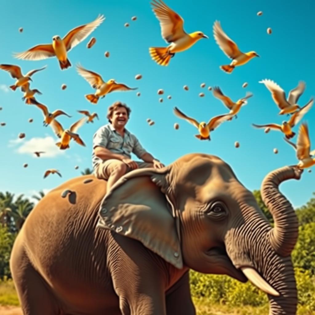 A surreal scene featuring birds throwing stones at a person riding an elephant