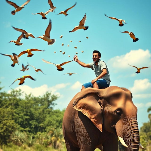 A surreal scene featuring birds throwing stones at a person riding an elephant