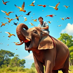 A surreal scene featuring birds throwing stones at a person riding an elephant
